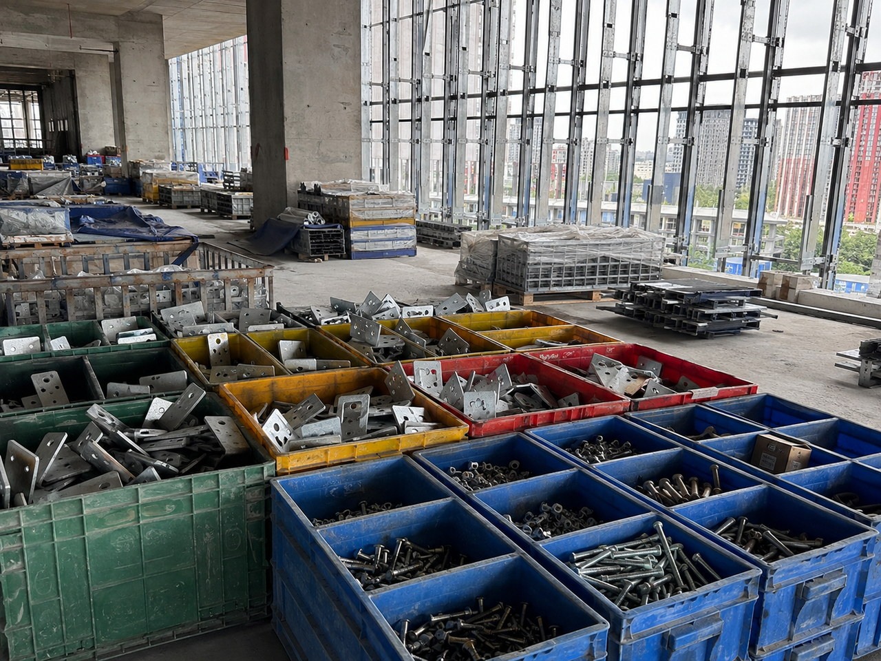 幕墙施工区内摆放多组分类周转箱和金属连接件