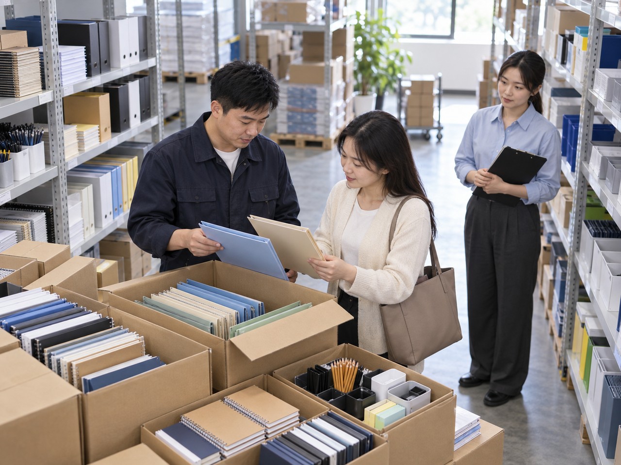 文体用品销售与商品人员核对客户可订目录
