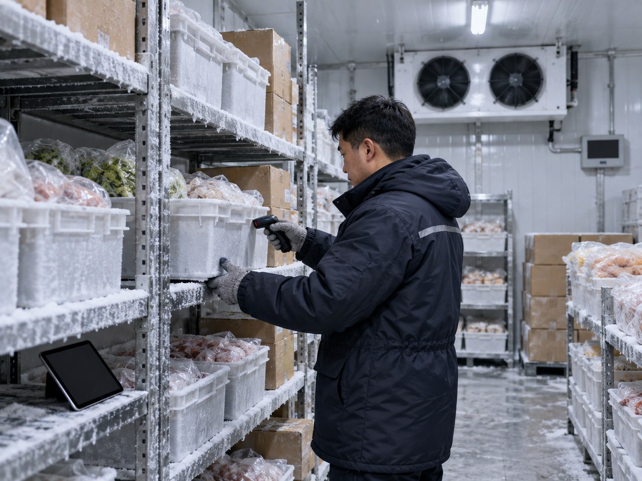 冻品仓库人员按客户订单核对货箱、规格和出库批次
