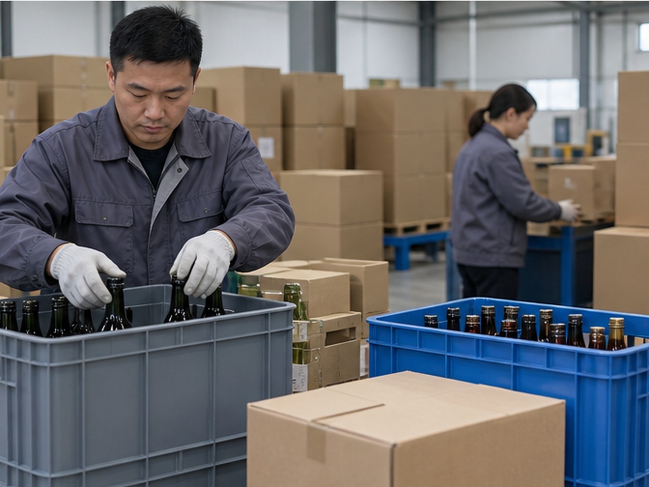 仓配人员在酒水库位复核整箱订单
