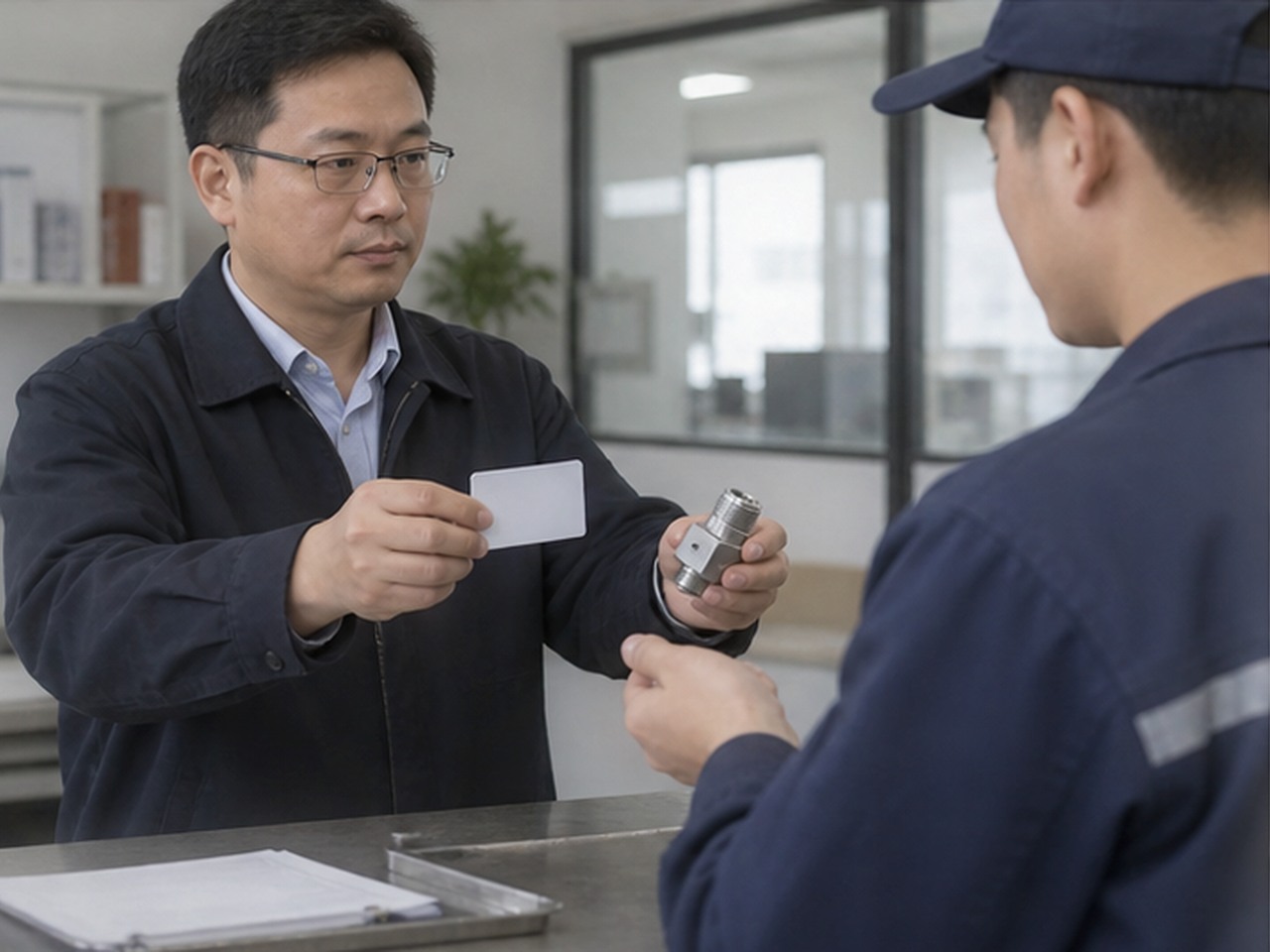 配送人员向工程现场交接设备配件并确认签收