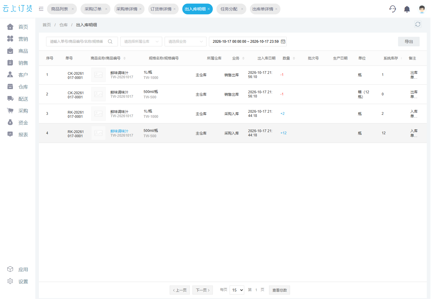 同一商品两规格的采购入库与销售出库流水,瓶与箱分别标明