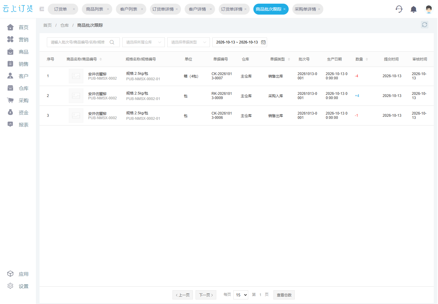 同一批次采购入库4包,整箱销售出库4包;下方另列原1包出库记录。